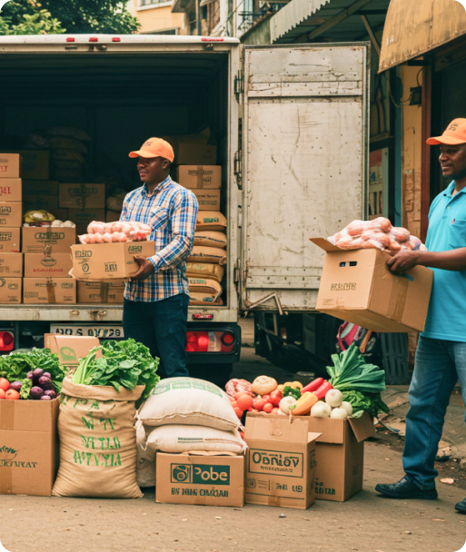 Workers loading crates of fresh produce for delivery
