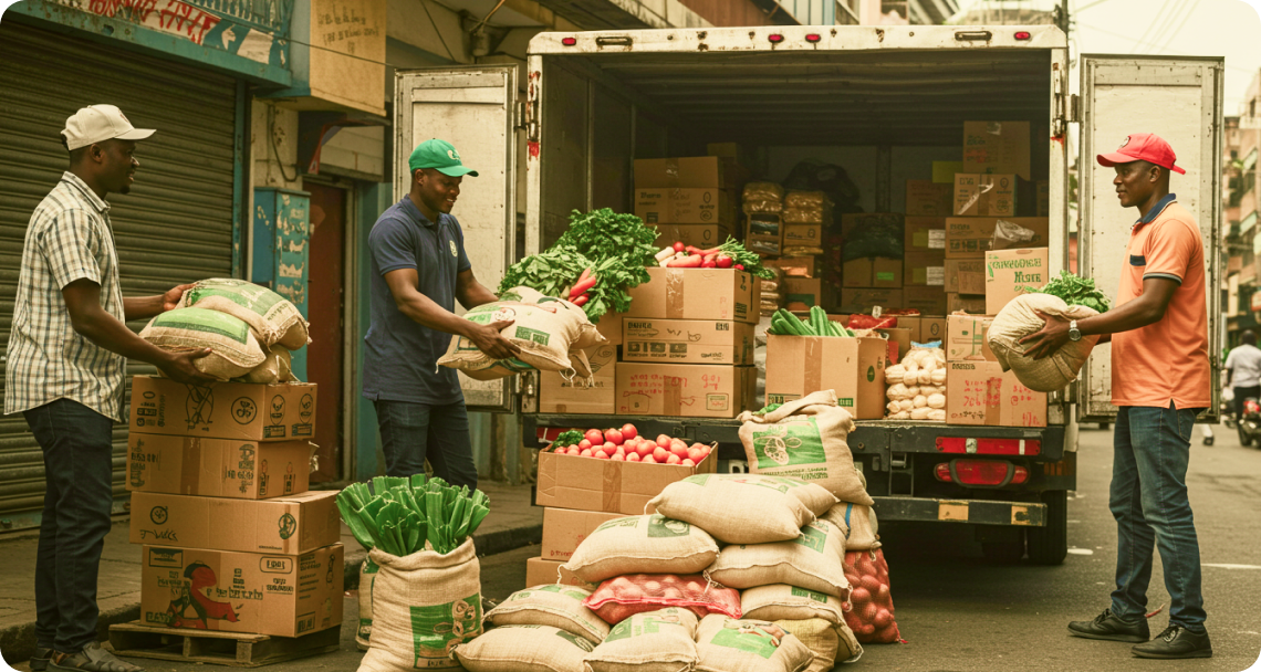 GoSource team loading fresh produce at a Lagos market