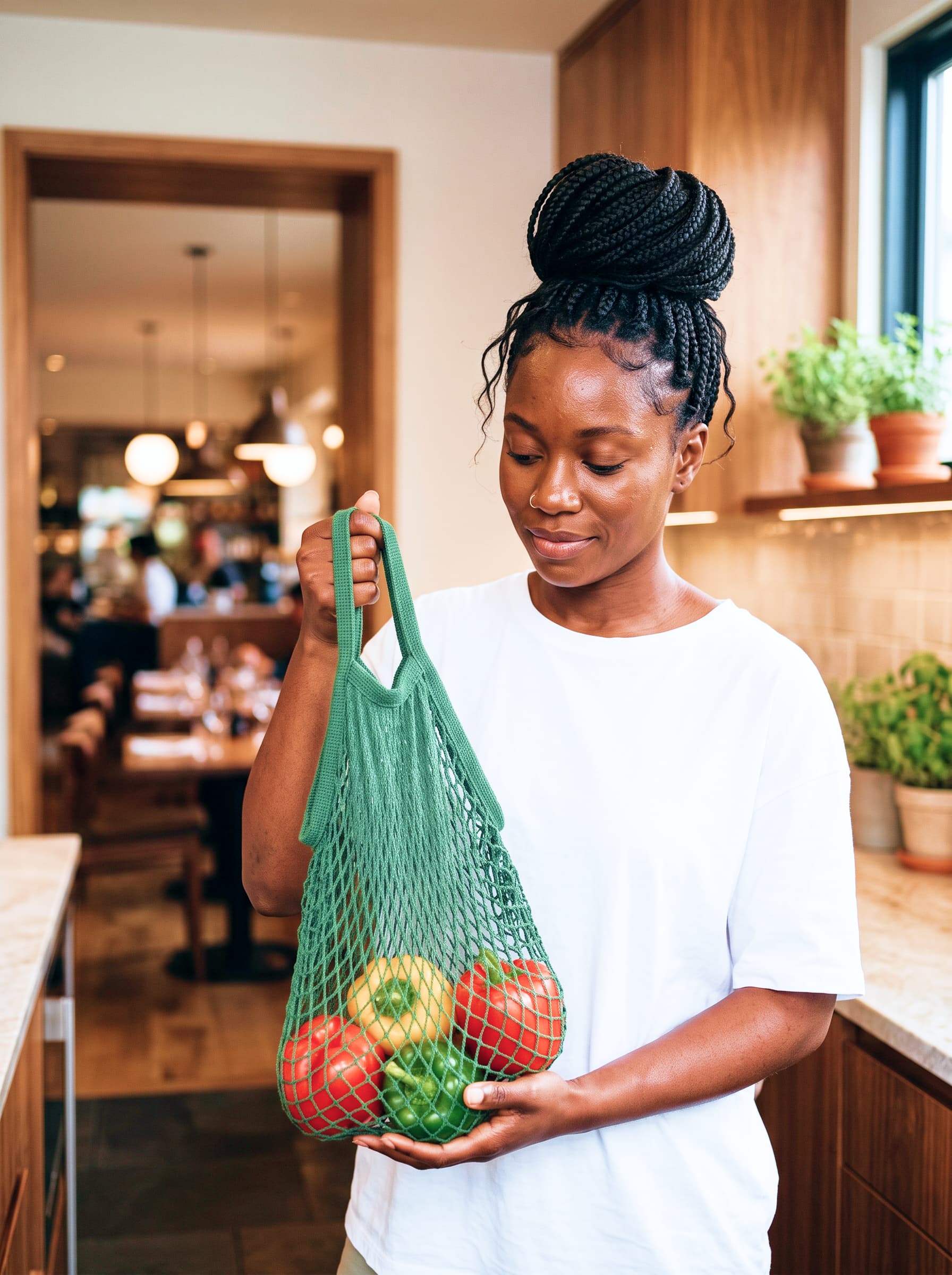 A customer holding fresh peppers from the market